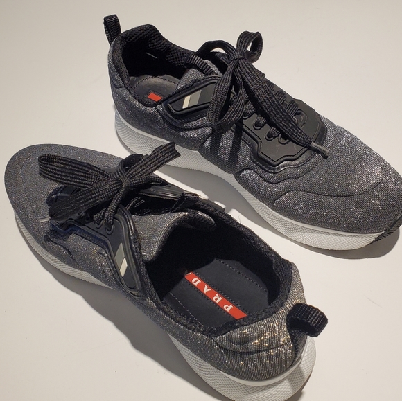 Prada Argento Lurex Metallic Quilted Platform Sneakers Size 40.5 EUC - Picture 8 of 17